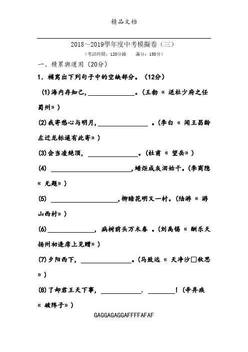 2019语文中考模拟卷及 答案