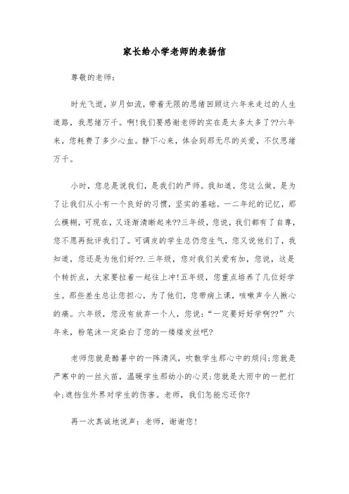家长给小学老师的表扬信（2篇）