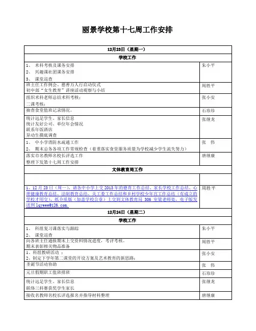 丽景学校13-14上第十七周工作安排