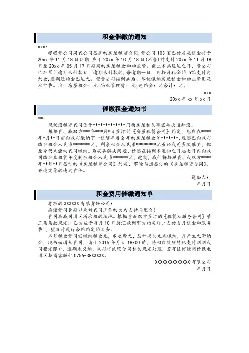 催缴房租通知函共3篇