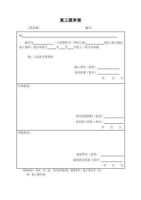 施工单位复工报审表