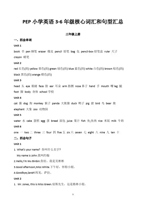 PEP小学英语3-6年级核心词汇和句子汇总