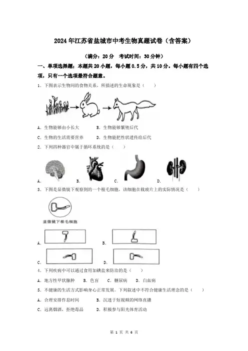 2024年江苏省盐城市中考生物真题试卷(含答案)