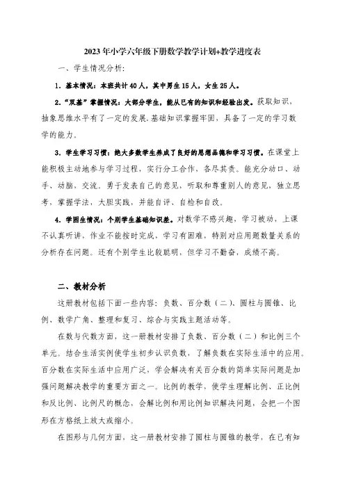 2023年小学六年级下册数学教学计划+教学进度表