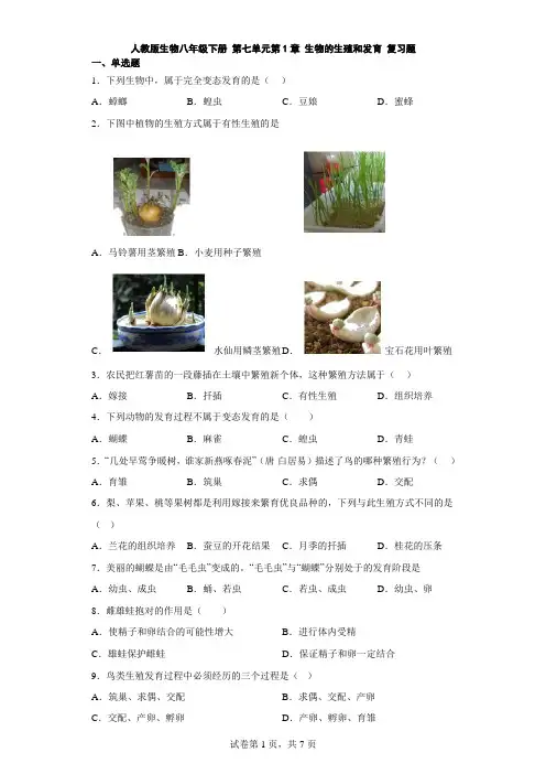 人教版生物八年级下册 第七单元第1章 生物的生殖和发育 复习题