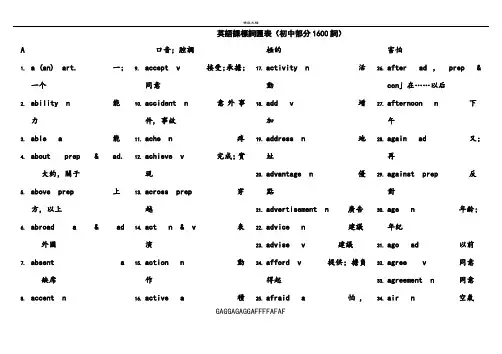初中英语中考1600词