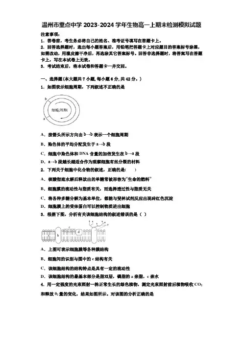 温州市重点中学2023-2024学年生物高一上期末检测模拟试题含解析