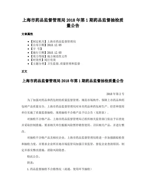 上海市药品监督管理局2018年第1期药品监督抽检质量公告