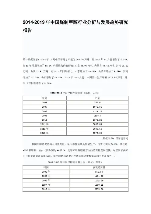 2014·2019年中国煤制甲醇市场分析报告