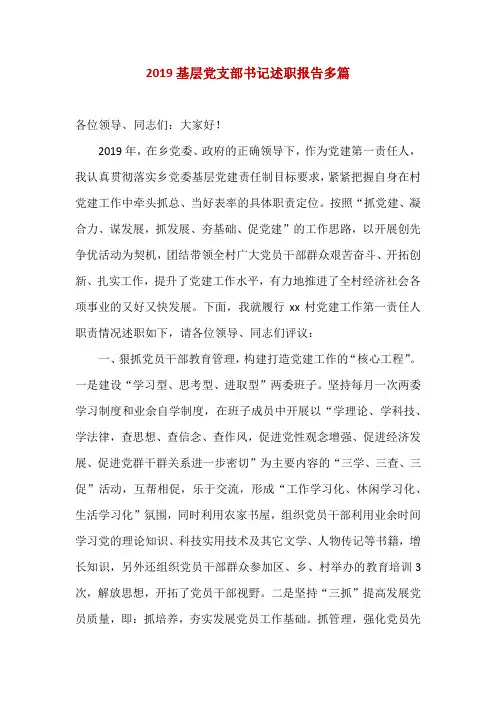 2019基层党支部书记述职报告多篇