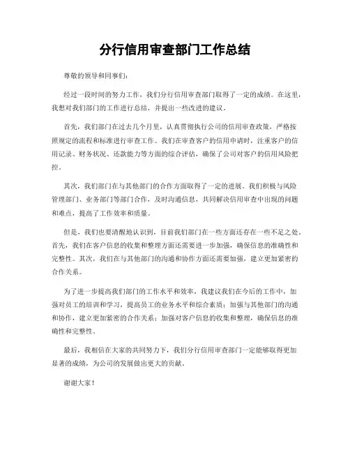 分行信用审查部门工作总结