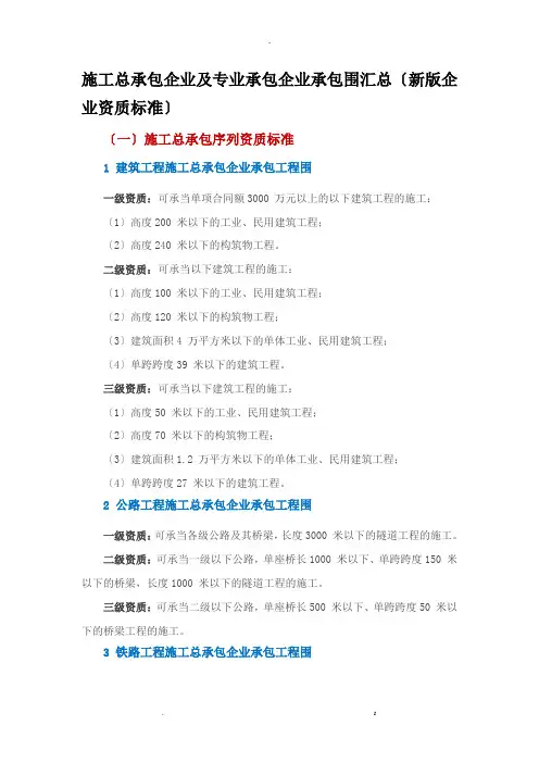 施工总承包企业及专业承包企业承包范围汇总