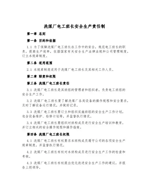 洗煤厂电工班长安全生产责任制