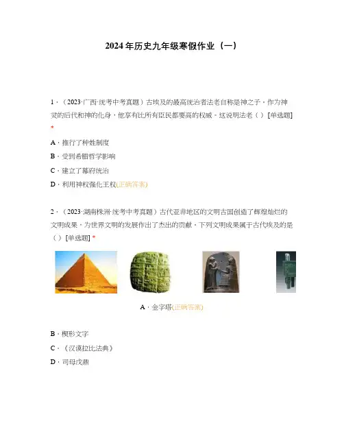 2024年历史九年级寒假作业(一)