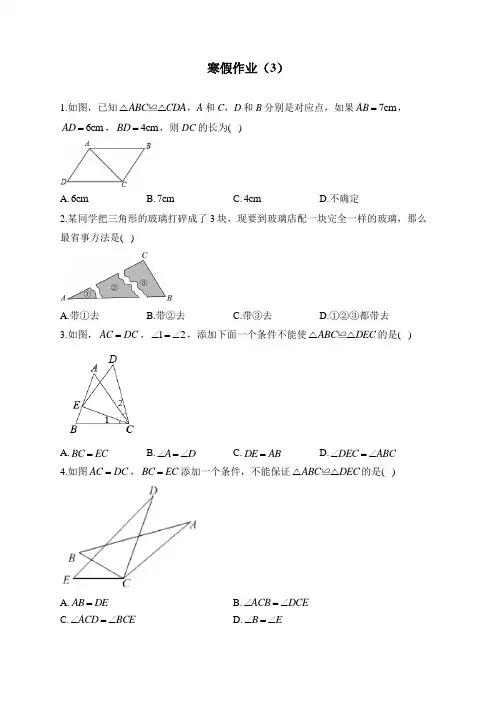 人教版八年级数学上册 寒假作业(3)