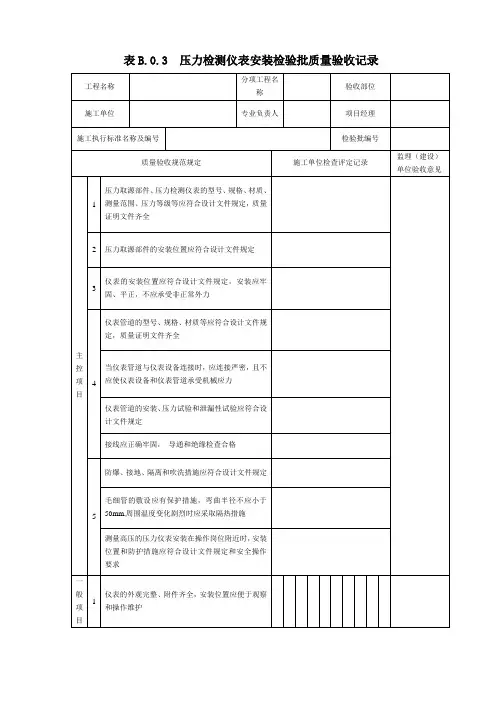 表B.0.3  压力检测仪表安装检验批质量验收记录(2019版)