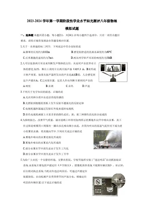 2023-2024学年第一学期阶段性学业水平阳光测评八年级物理模拟试题(含答案)
