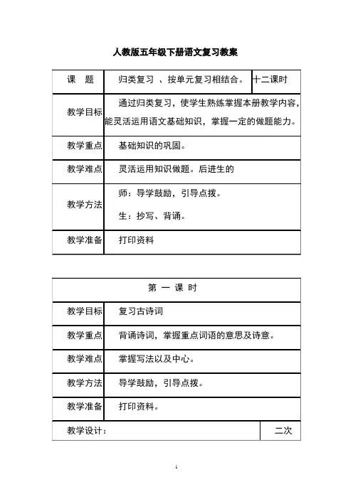 人教版五年级下册语文复习教案