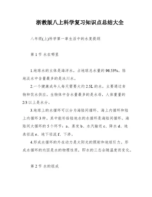 浙教版八上科学复习知识点总结大全
