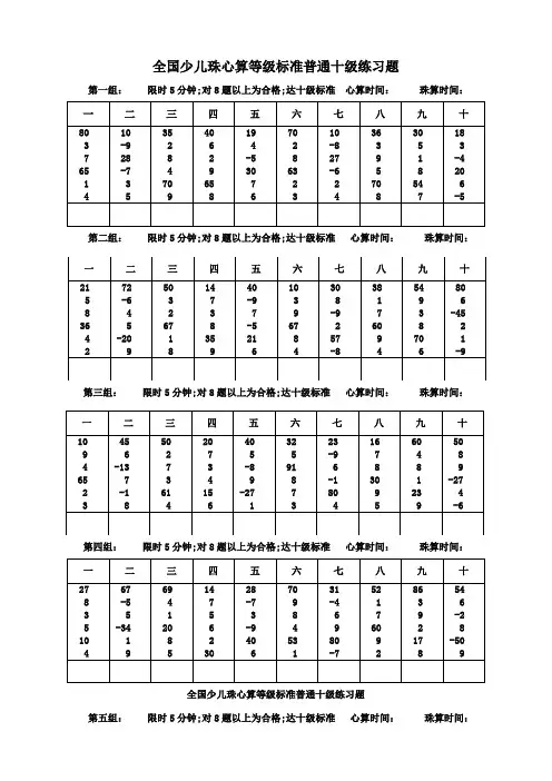 全国少儿珠心算等级标准普通十级练习题