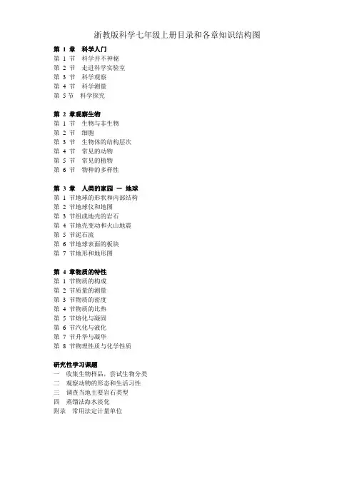 浙教版科学七年级上册目录和各章知识结构图