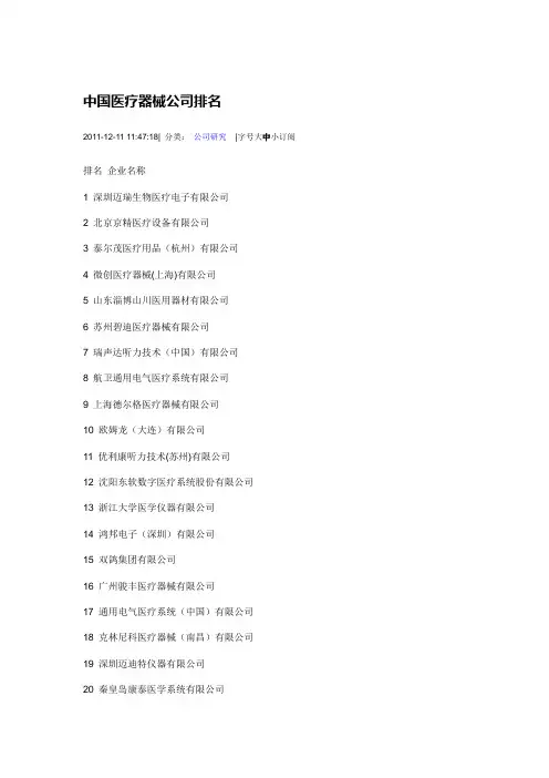 中国医疗器械公司排名