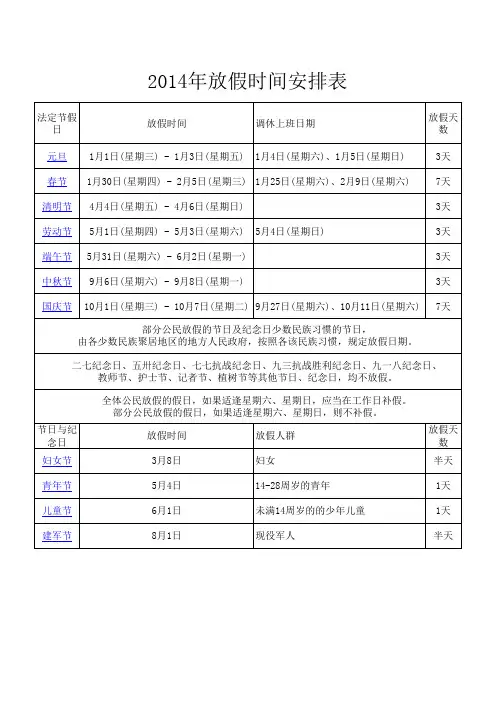 2014年放假时间安排表
