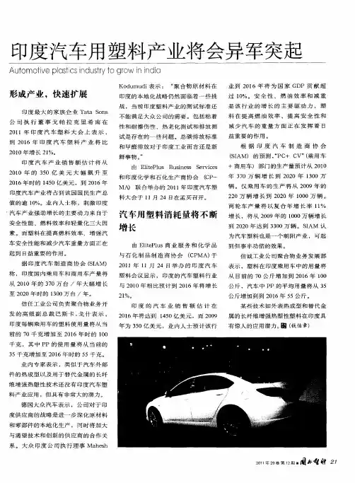 印度汽车用塑料产业将会异军突起