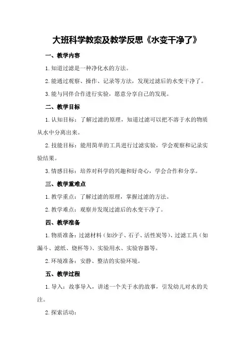 大班科学教案及教学反思《水变干净了》