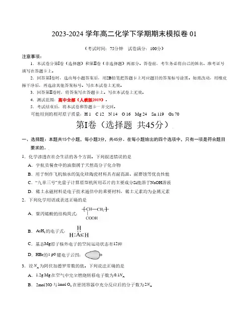 2024年高二下学期期末模拟考试化学试题含答案