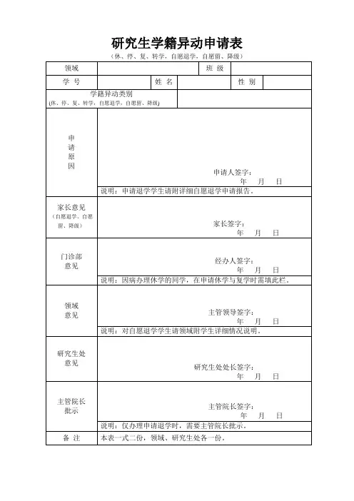 研究生学籍异动申请表