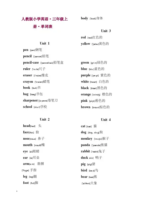 2019秋新人教版PEP三年级上册英语单词表(带有音标).doc