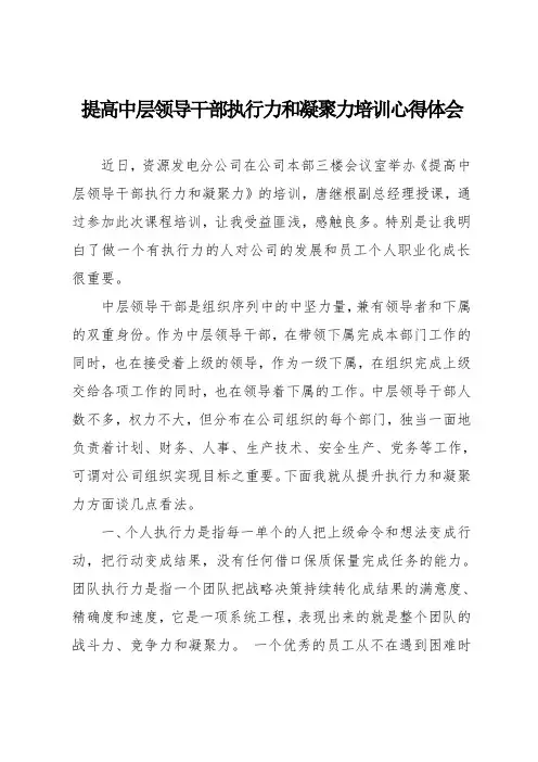 提高中层领导干部执行力和凝聚力培训心得体会