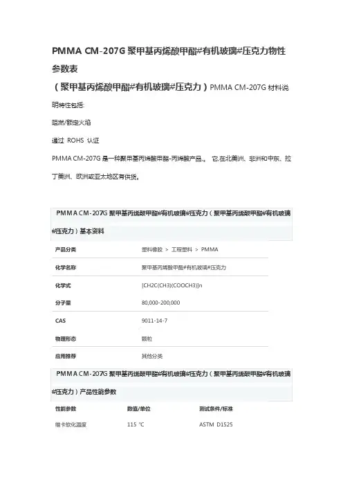 亚克力PMMA CM-207G物质参数表