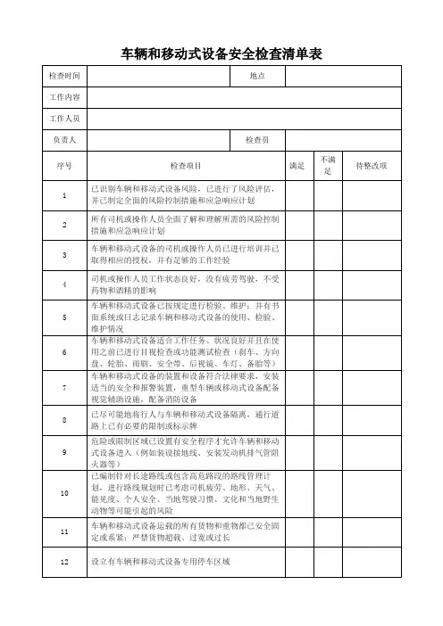 车辆和移动式设备安全检查清单表格模板(可修改)