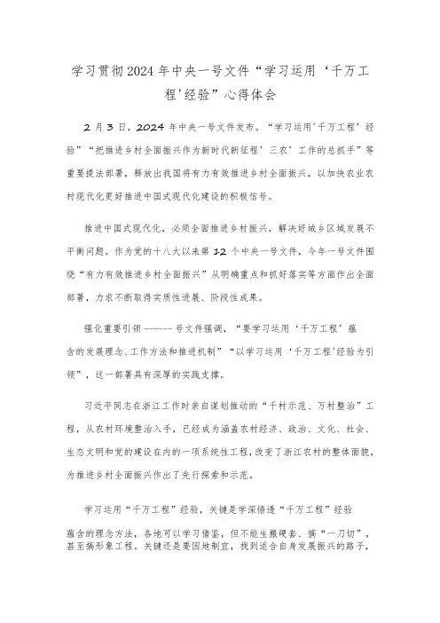 学习贯彻2024年中央一号文件“学习运用‘千万工程’经验”心得体会