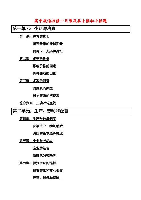 高中政治必修一目录及其小框和小标题
