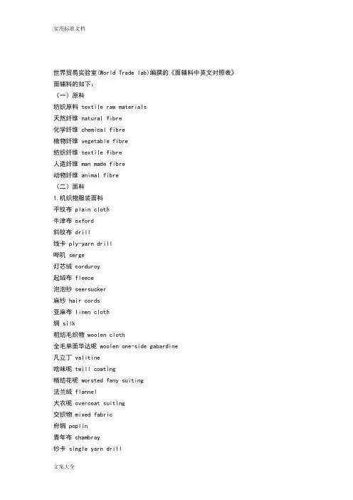 面料名称及面料成份中英文确认表