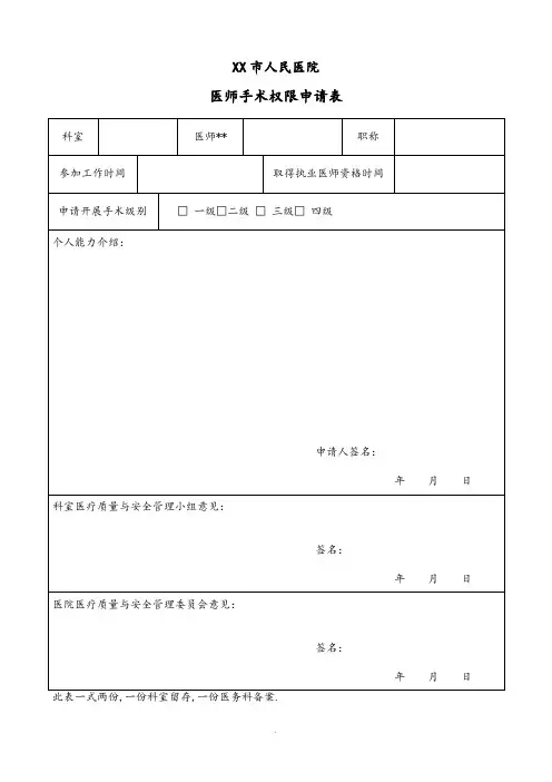 医师手术权限申请报告表+手术医师资质考核表+定期能力评价及再授权表