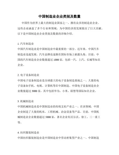 中国制造业企业类别及数量