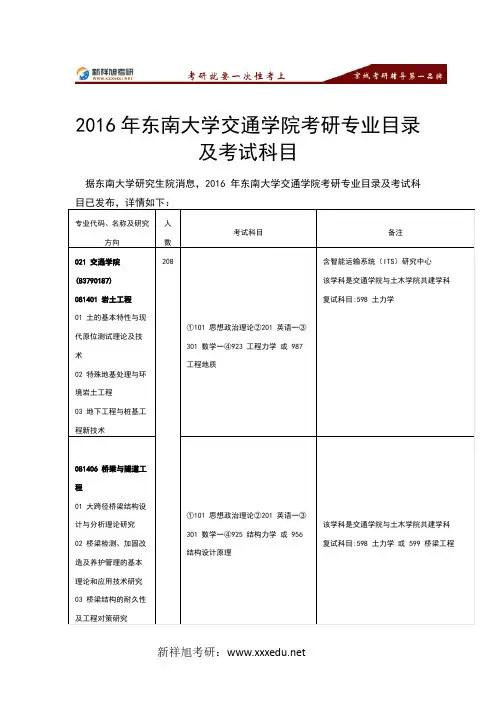 2016年东南大学交通学院考研专业目录及考试科目-新祥旭考研辅导