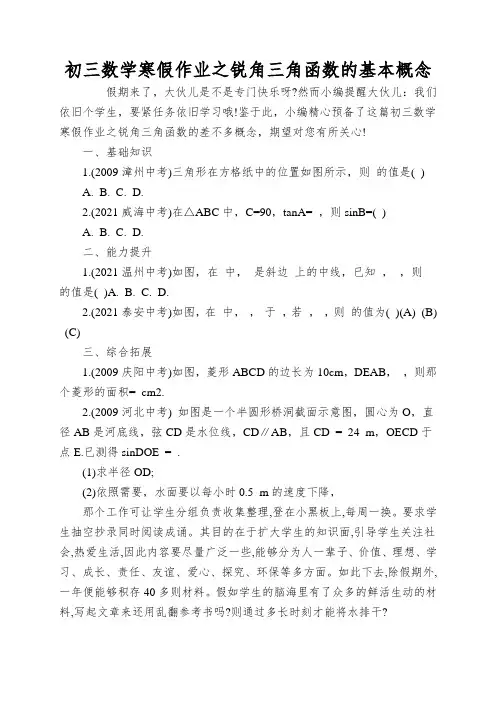 初三数学寒假作业之锐角三角函数的基本概念