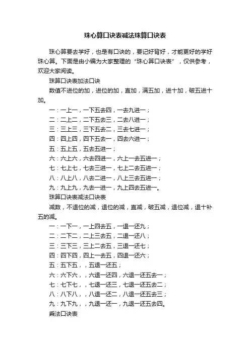 珠心算口诀表减法珠算口诀表