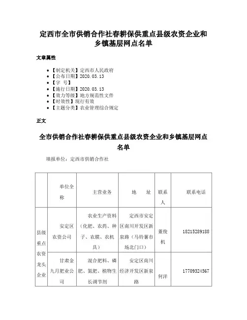 定西市全市供销合作社春耕保供重点县级农资企业和乡镇基层网点名单