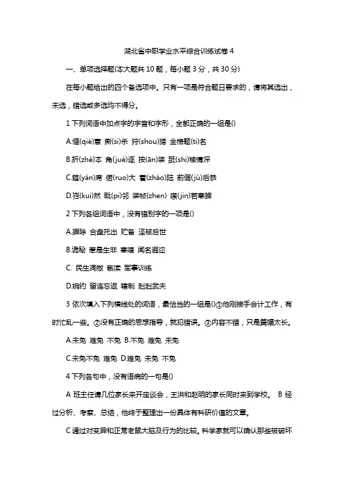 湖北省中职学业水平综合训练试卷4
