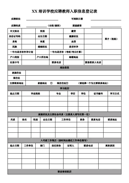 XX培训学校应聘教师入职信息登记表(模板)
