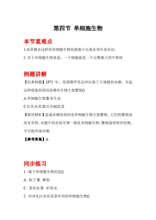 人教版七年级上册生物《单细胞生物》知识点+例题讲解+同步练习