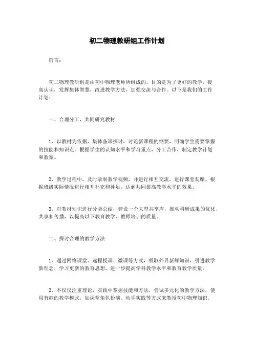 初二物理教研组工作计划