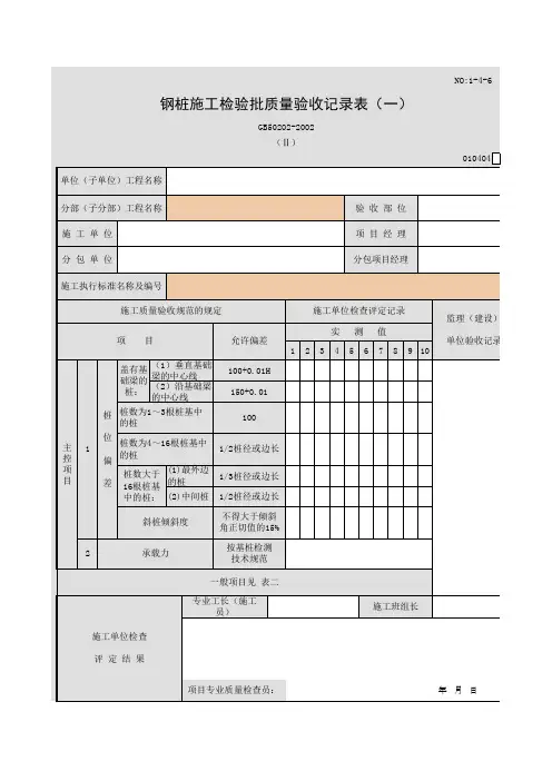 钢桩施工检验批质量验收记录表(Ⅱ)