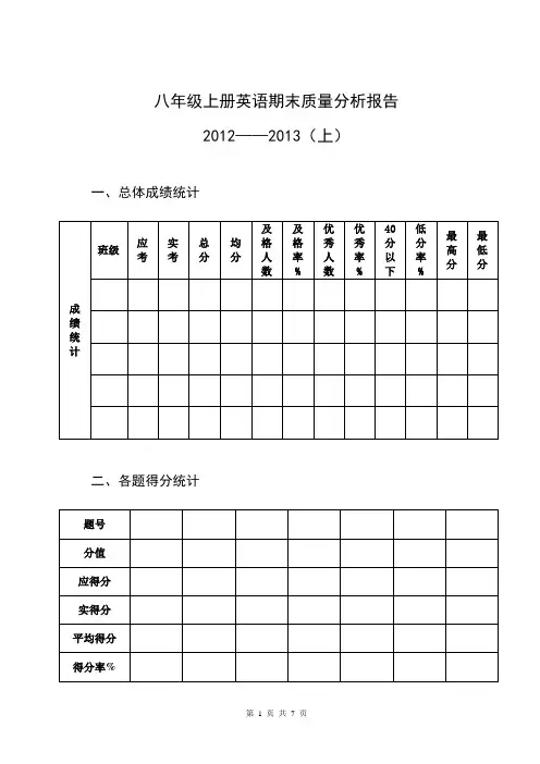 八年级上册英语期末质量分析报告